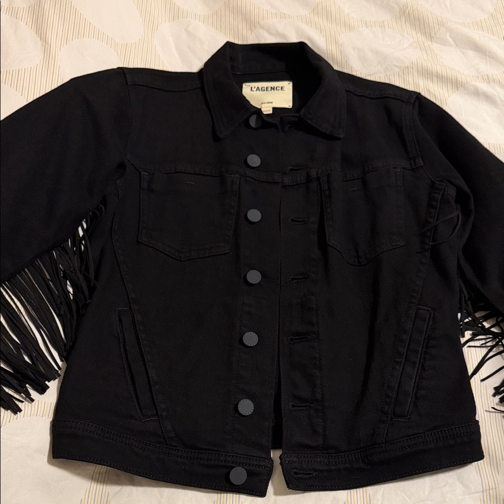 L'AGENCE Black Jean Jacket with Fringe